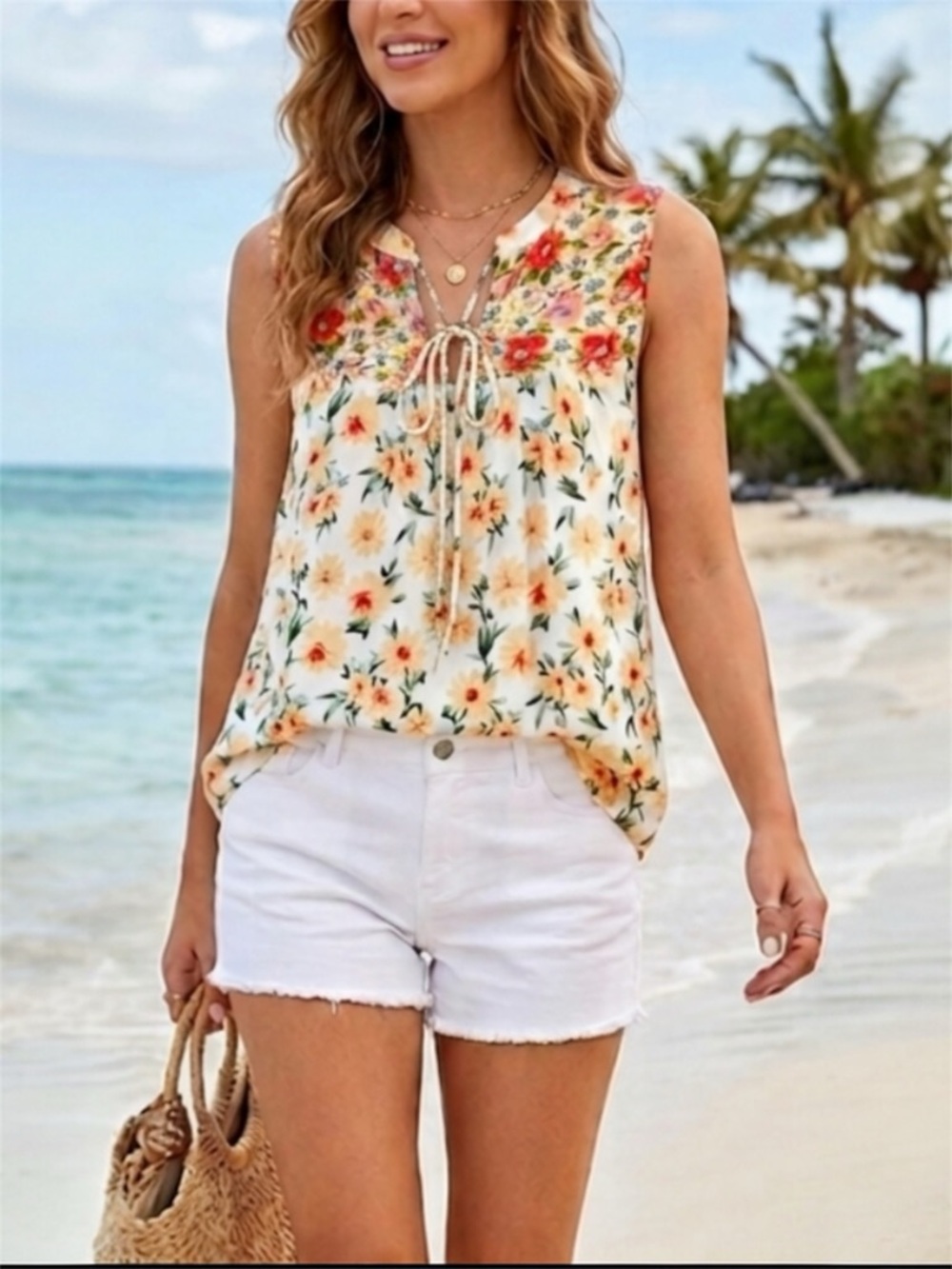 Staccato Bohemian Babydoll Style Floral Sleeveless Keyhole Blouse Size M